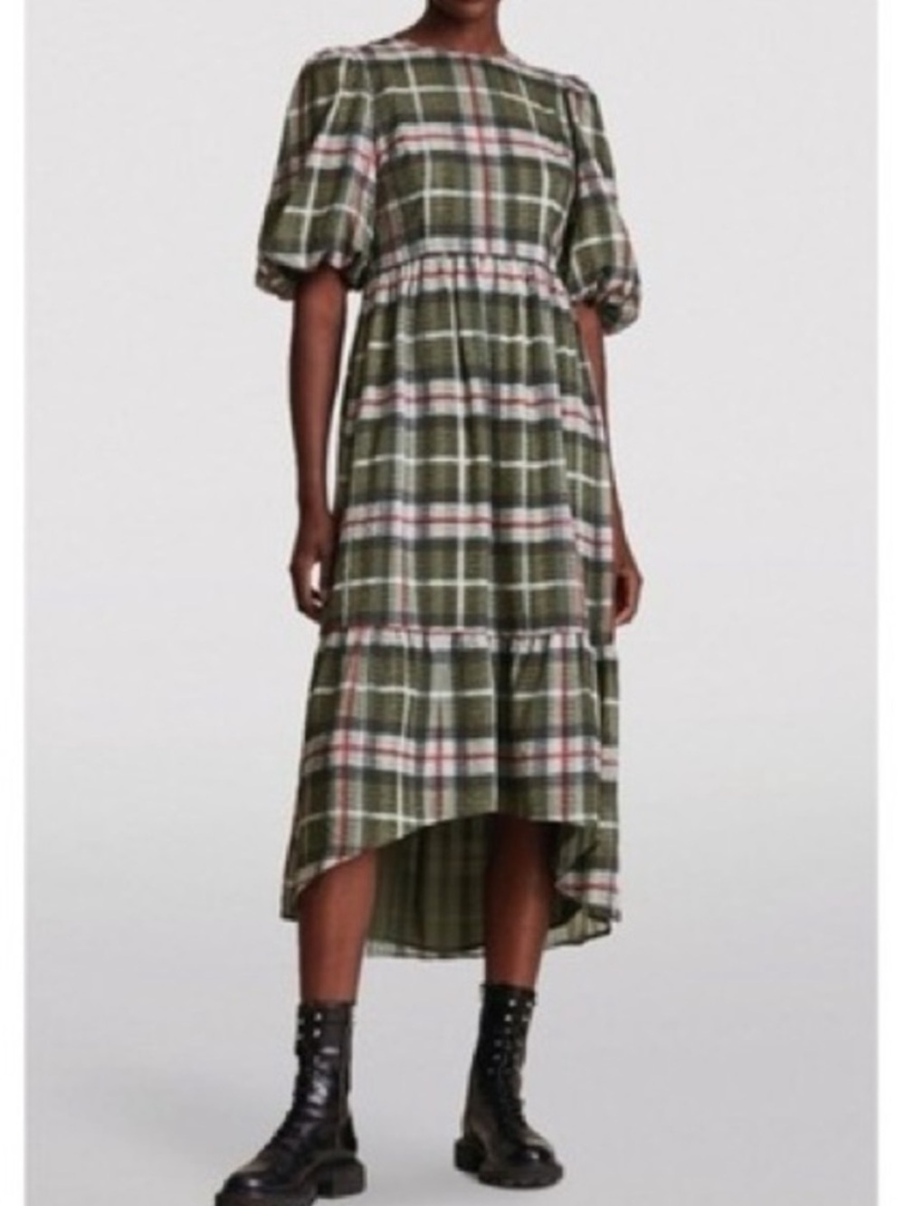 All Saints Sadie Check Plaid Puff Sleeve Dress